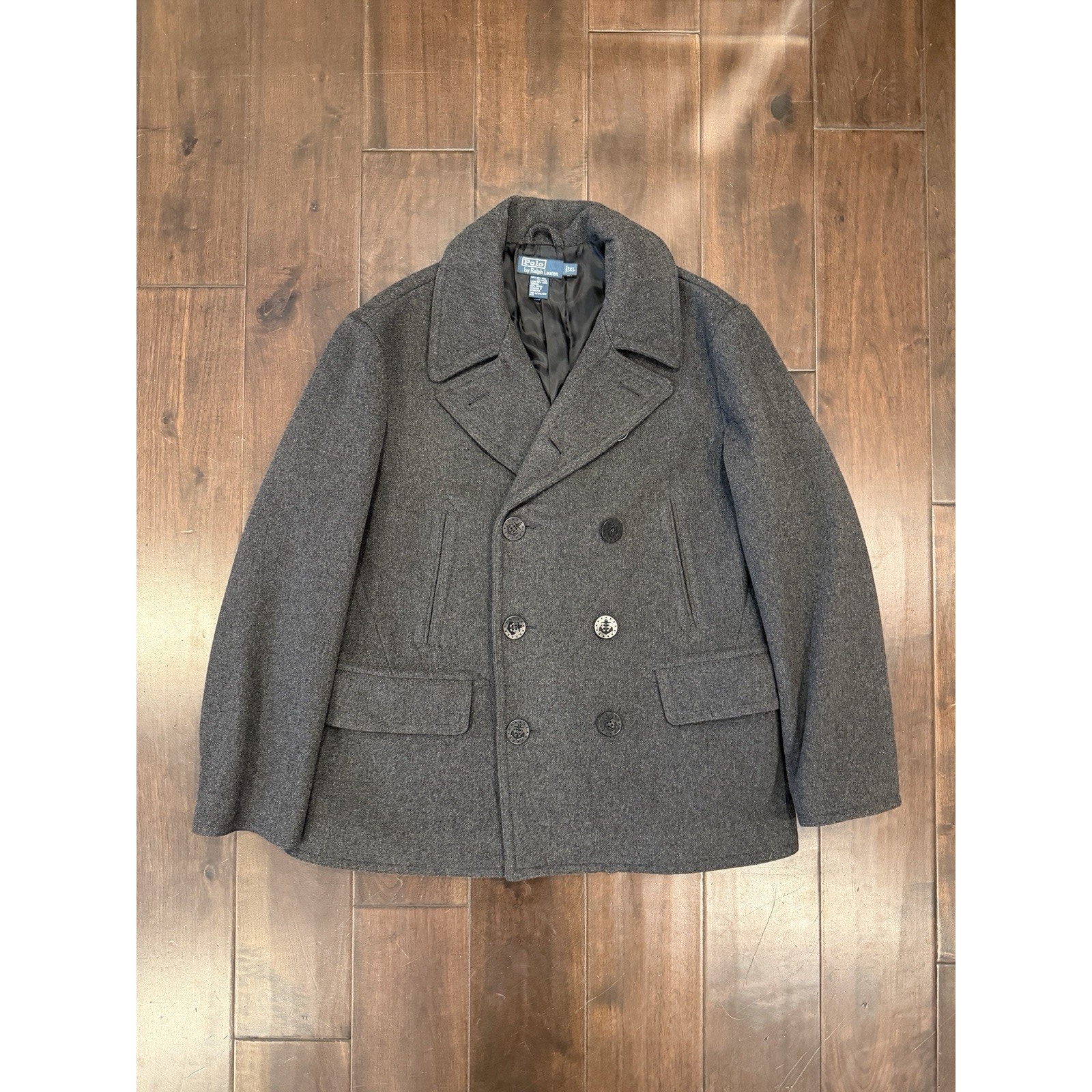 Polo Ralph Lauren Melton Peacoat Mens Xl Black Wool Blend Double Breasted Lined